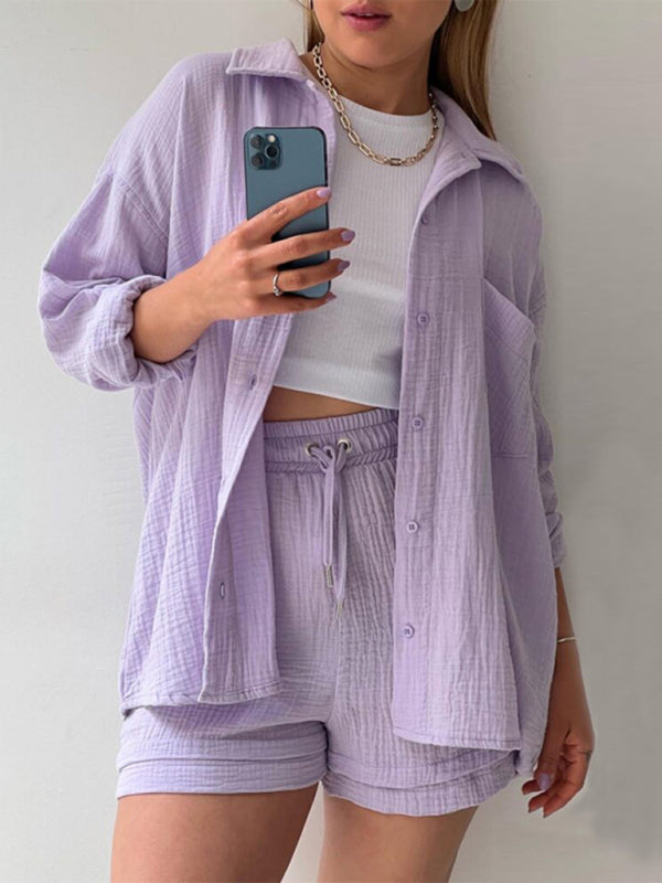 Women's Solid Color Lightweight Pleated Pattern Point Collar Button-up Top Matching Short Set