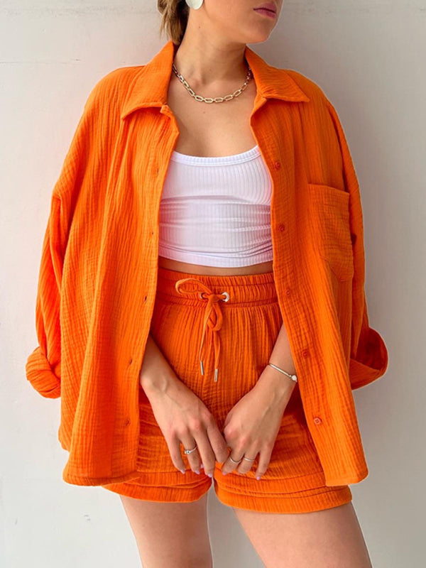 Women's Solid Color Lightweight Pleated Pattern Point Collar Button-up Top Matching Short Set
