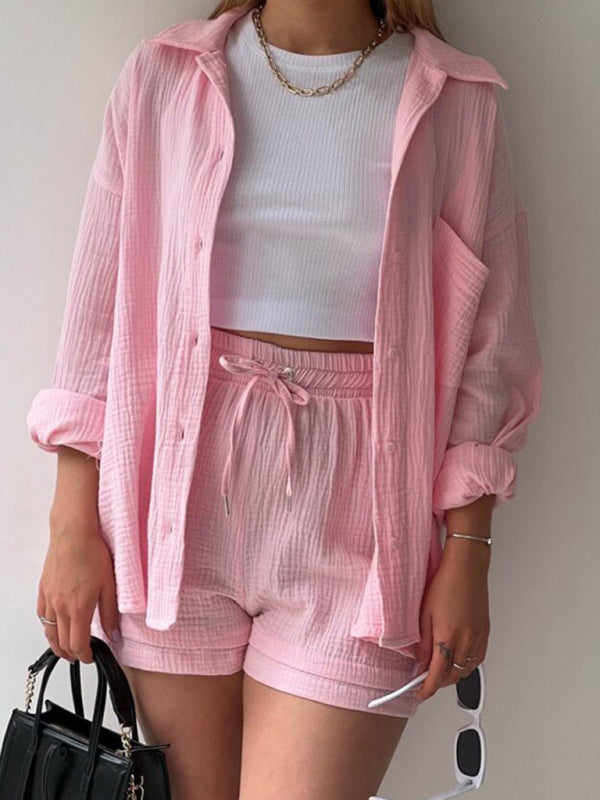 Women's Solid Color Lightweight Pleated Pattern Point Collar Button-up Top Matching Short Set