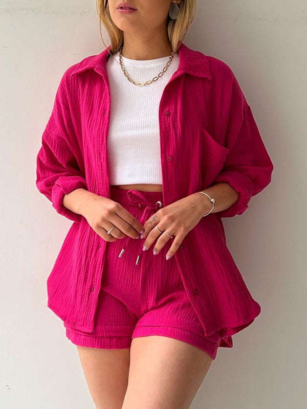 Women's Solid Color Lightweight Pleated Pattern Point Collar Button-up Top Matching Short Set