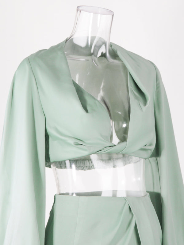 V crop top slit skirt suit satin nightclub sexy two-piece suit