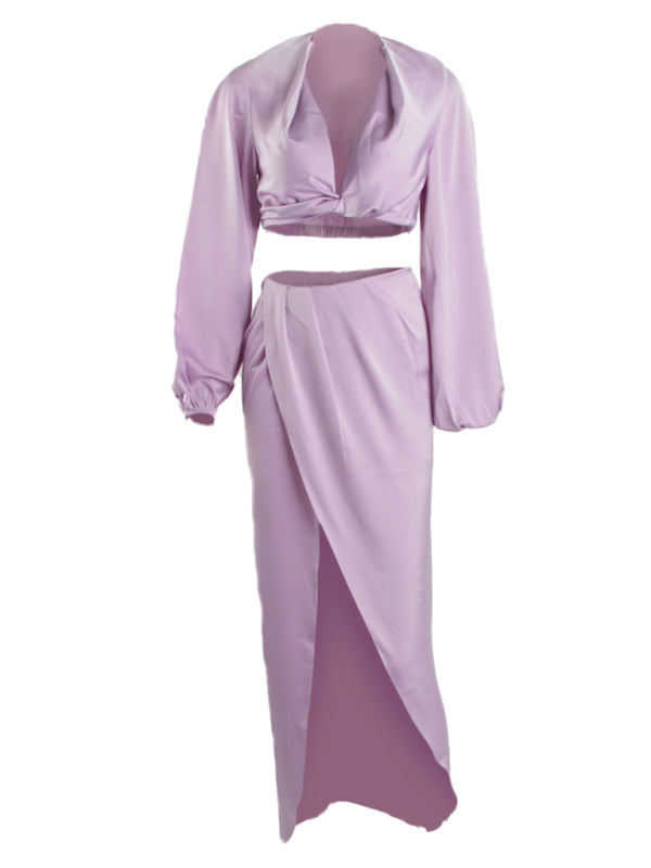 V crop top slit skirt suit satin nightclub sexy two-piece suit
