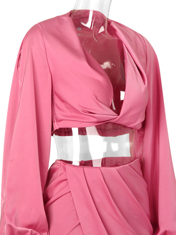V crop top slit skirt suit satin nightclub sexy two-piece suit