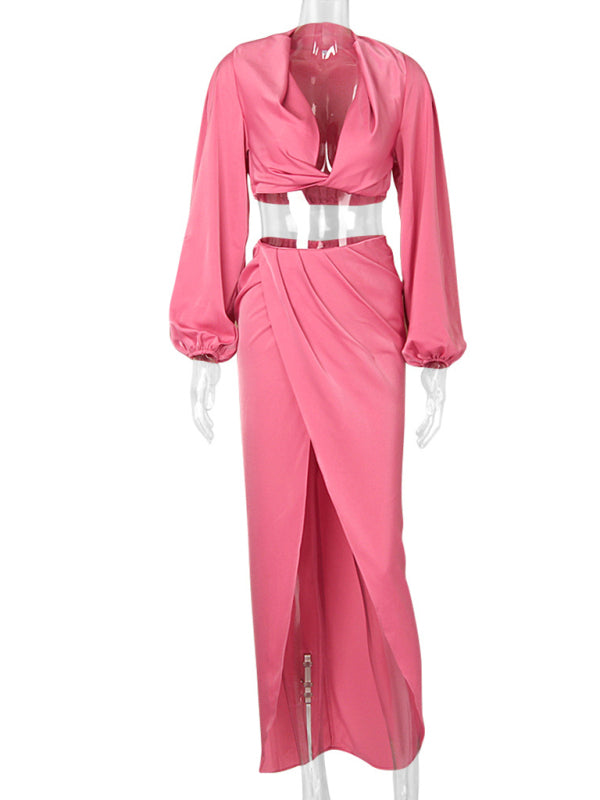 V crop top slit skirt suit satin nightclub sexy two-piece suit