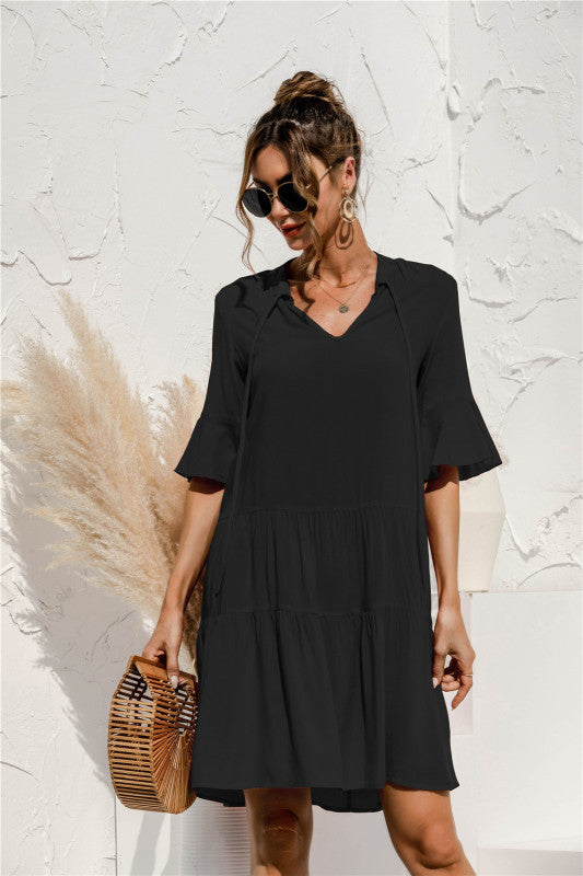 V-neck trumpet sleeve cake style stitching dress