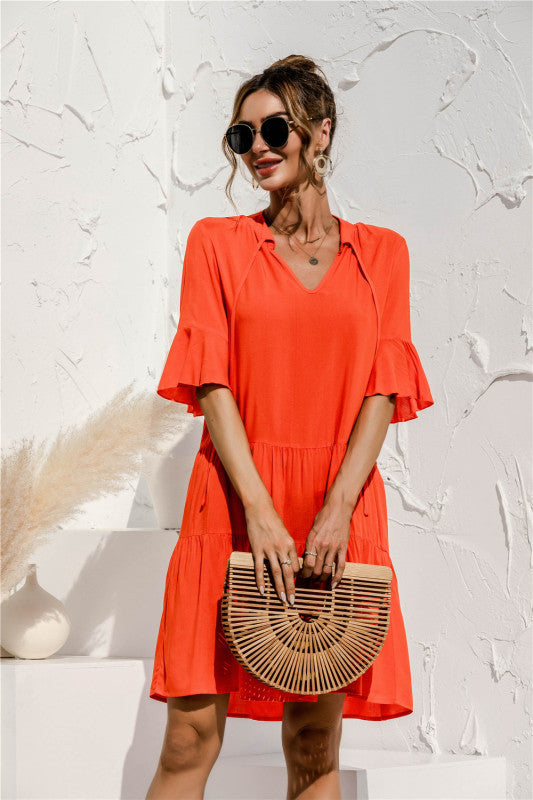 V-neck trumpet sleeve cake style stitching dress