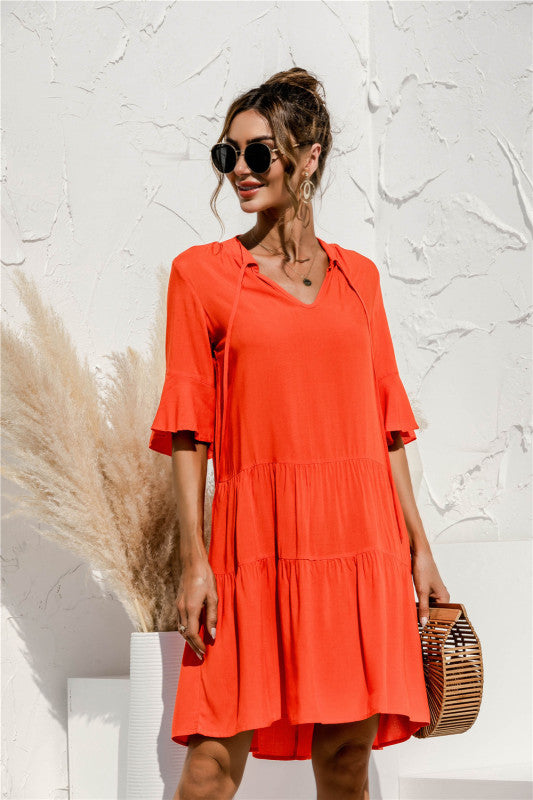V-neck trumpet sleeve cake style stitching dress