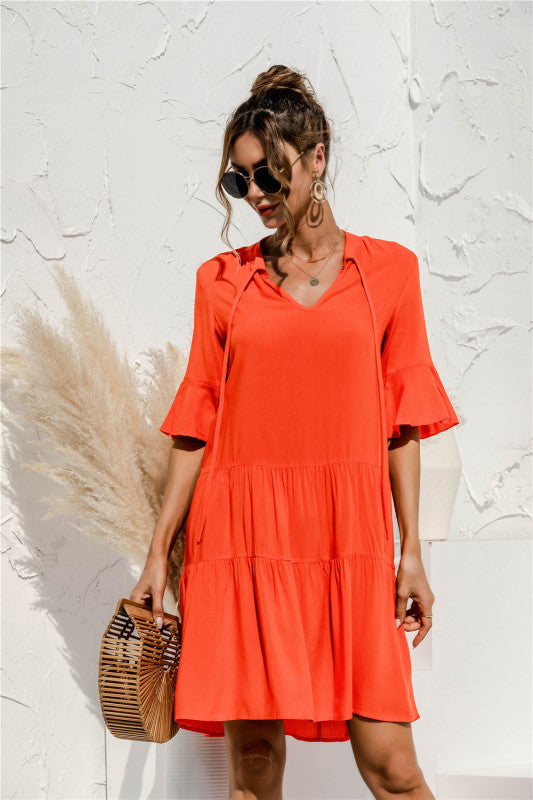 V-neck trumpet sleeve cake style stitching dress