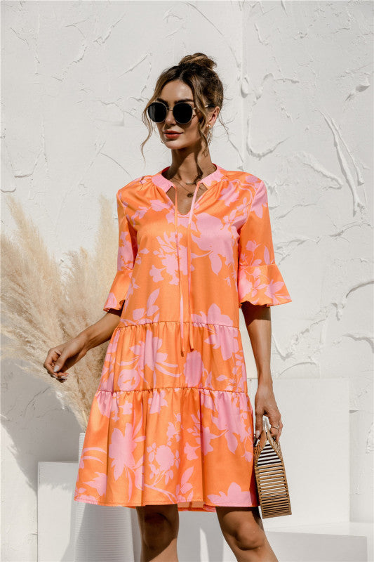 V-neck trumpet sleeve cake style stitching dress