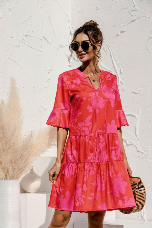 V-neck trumpet sleeve cake style stitching dress