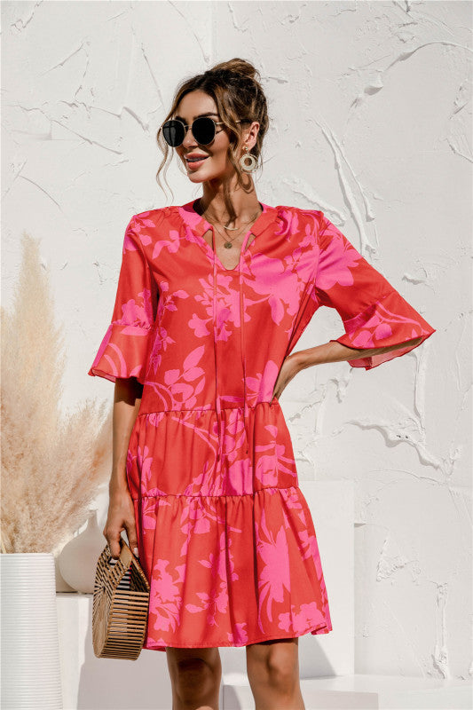 V-neck trumpet sleeve cake style stitching dress