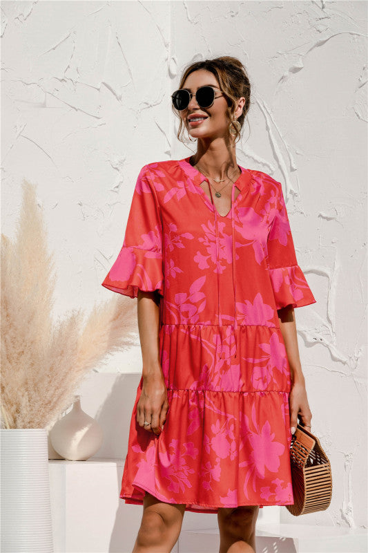V-neck trumpet sleeve cake style stitching dress