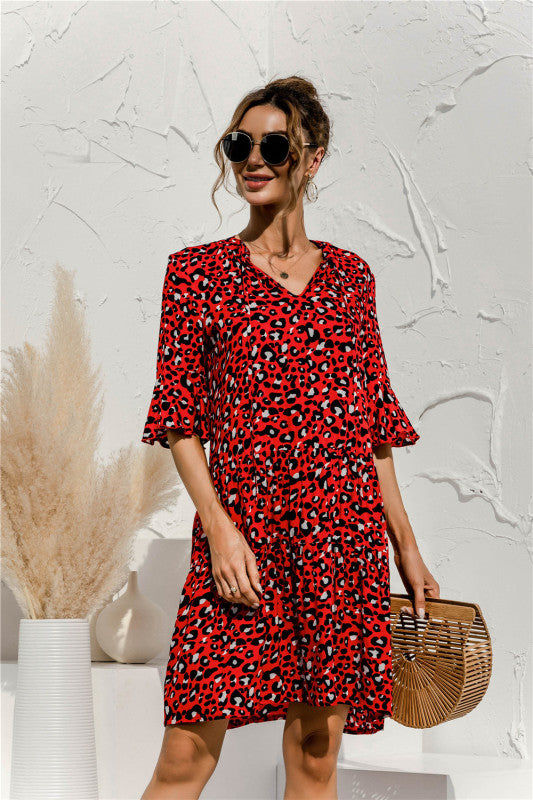 V-neck trumpet sleeve cake style stitching dress