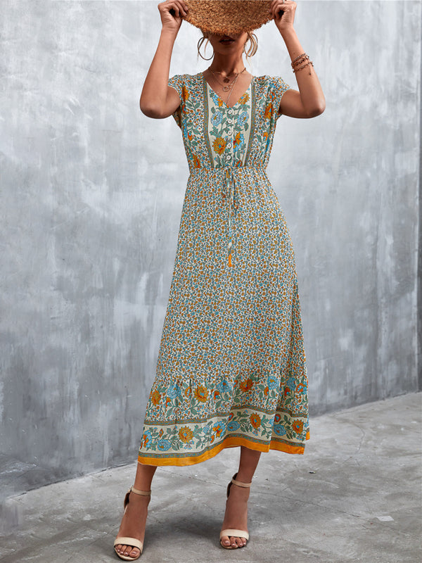 Women's Short Sleeves V-neck Long Bohemian Maxi Dress