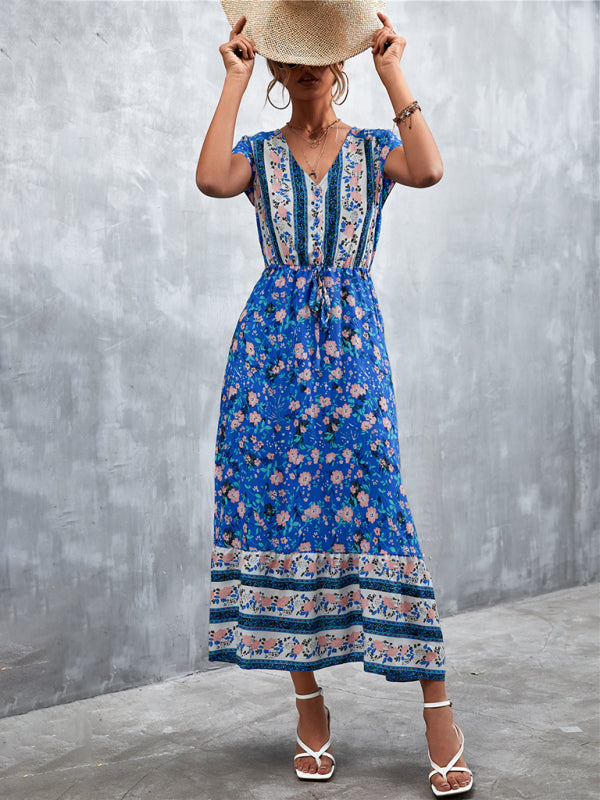 Women's Short Sleeves V-neck Long Bohemian Maxi Dress