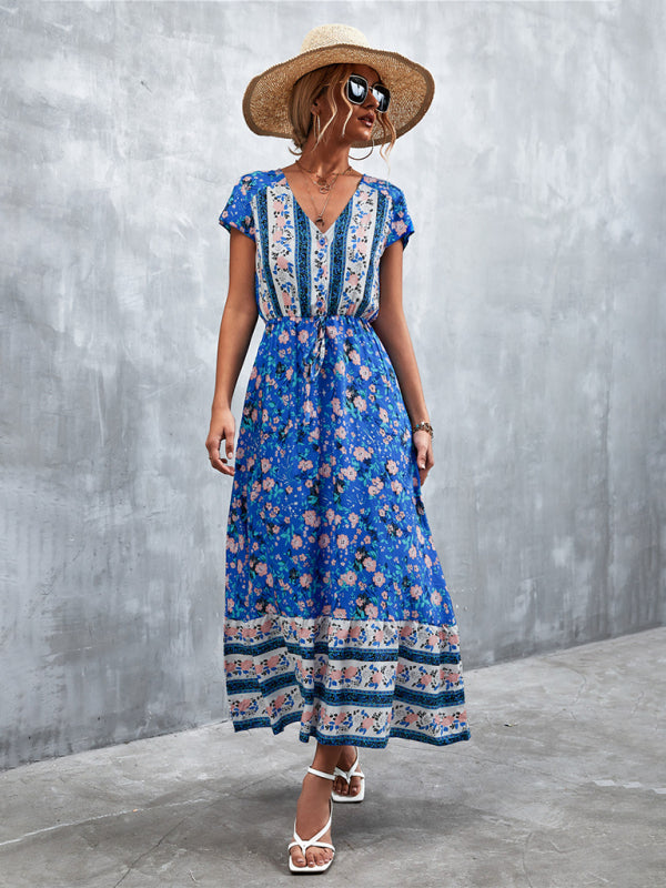 Women's Short Sleeves V-neck Long Bohemian Maxi Dress