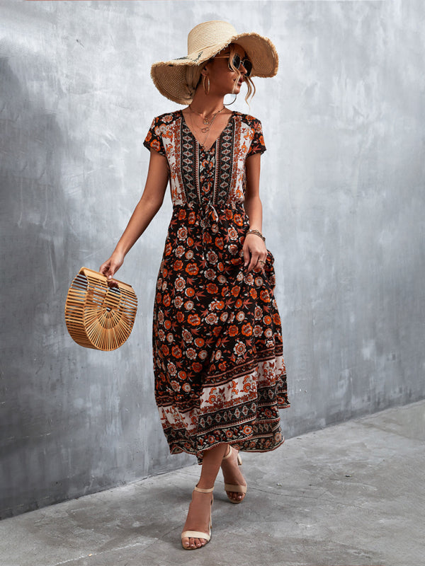 Women's Short Sleeves V-neck Long Bohemian Maxi Dress