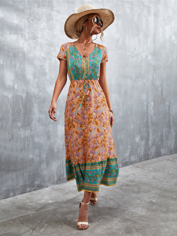 Women's Short Sleeves V-neck Long Bohemian Maxi Dress