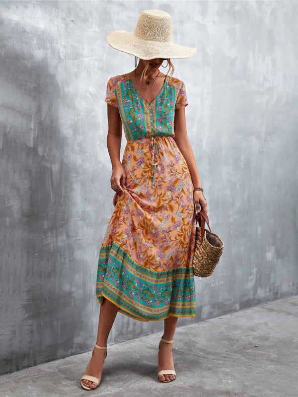 Women's Short Sleeves V-neck Long Bohemian Maxi Dress