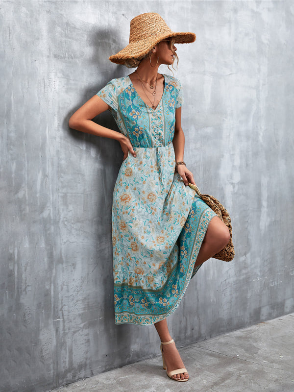 Women's Short Sleeves V-neck Long Bohemian Maxi Dress