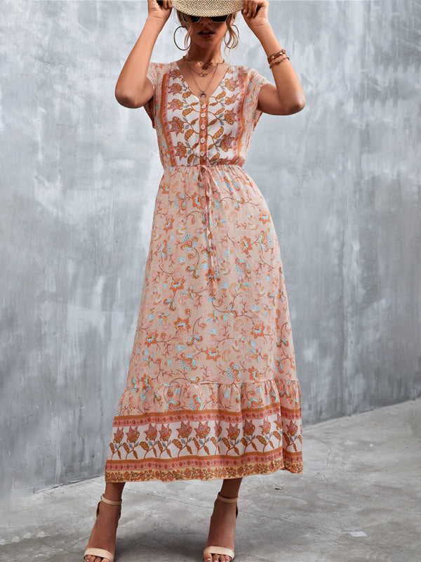 Women's Short Sleeves V-neck Long Bohemian Maxi Dress