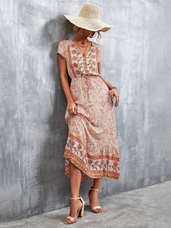 Women's Short Sleeves V-neck Long Bohemian Maxi Dress