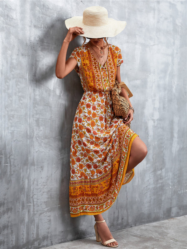 Women's Short Sleeves V-neck Long Bohemian Maxi Dress