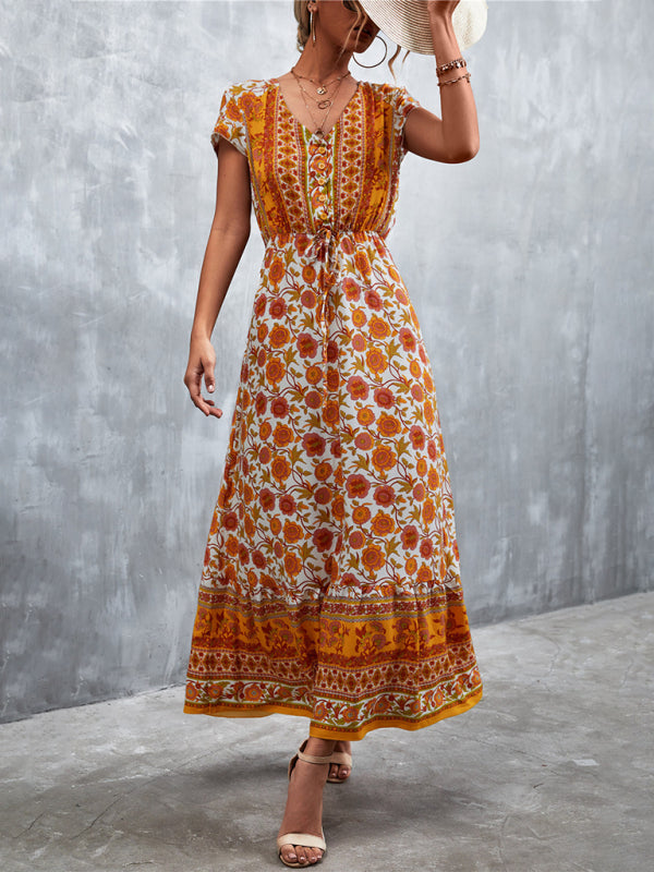Women's Short Sleeves V-neck Long Bohemian Maxi Dress