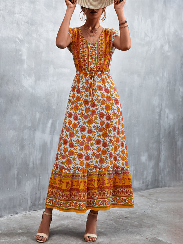 Women's Short Sleeves V-neck Long Bohemian Maxi Dress