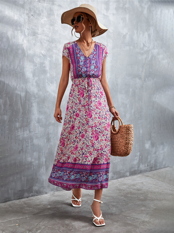 Women's Short Sleeves V-neck Long Bohemian Maxi Dress