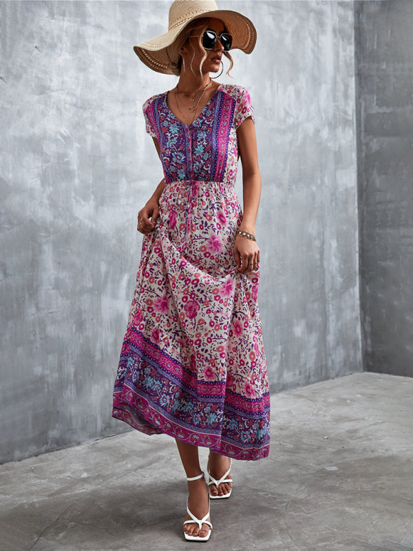 Women's Short Sleeves V-neck Long Bohemian Maxi Dress