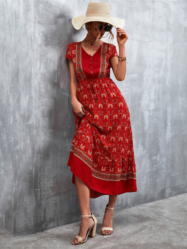 Women's Short Sleeves V-neck Long Bohemian Maxi Dress