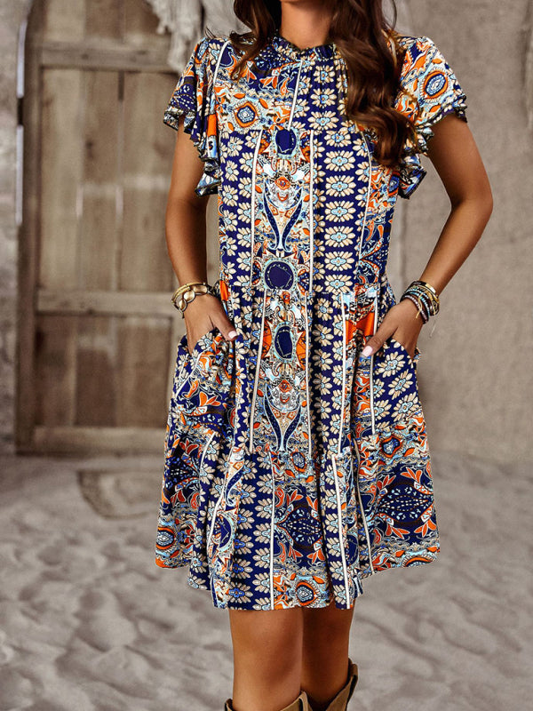 Women's Bohemian Print Flutter Sleeve Tiered Ruffle Dress