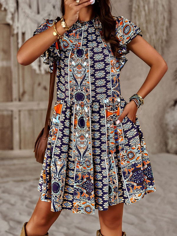 Women's Bohemian Print Flutter Sleeve Tiered Ruffle Dress