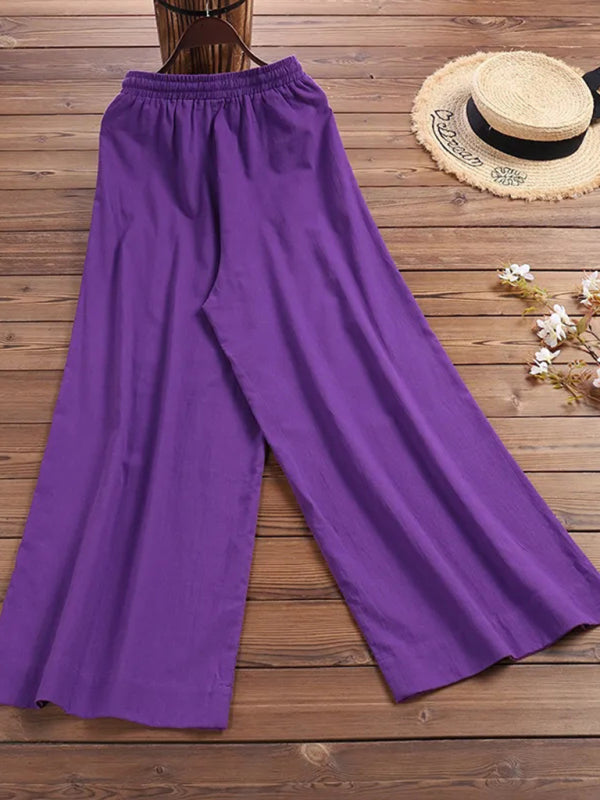 Women's solid color linen loose wide-leg pants