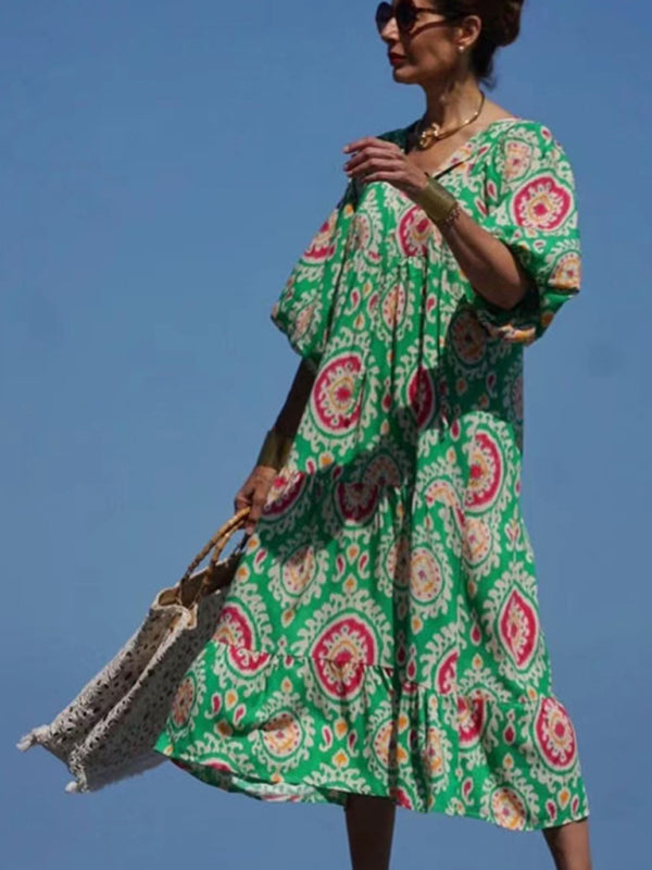 Women's Geometric Print Puff-sleeve Maxi Dress