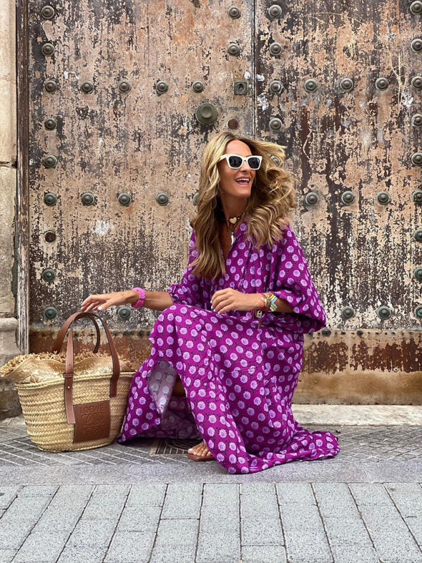 Women's Geometric Print Puff-sleeve Maxi Dress