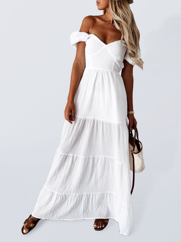 Women's Solid Color Tiered Sweetheart Empire Waist Off-the-shoulder Dress