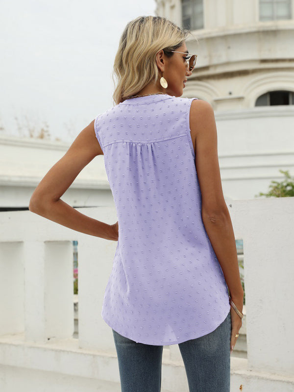 Women's Solid Color Clip Dot Sleeveless Split V-neckline Blouse