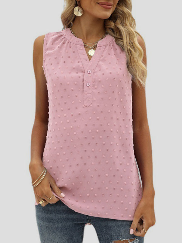 Women's Solid Color Clip Dot Sleeveless Split V-neckline Blouse