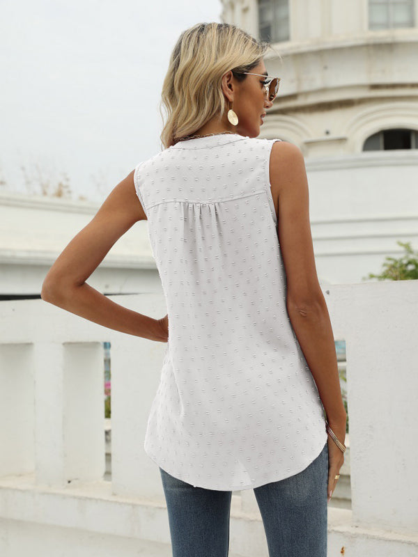 Women's Solid Color Clip Dot Sleeveless Split V-neckline Blouse