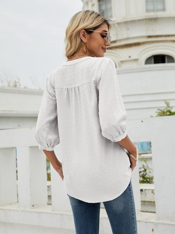 Women's Solid Color ¾ Sleeve Button Placket Jacquard Blouse