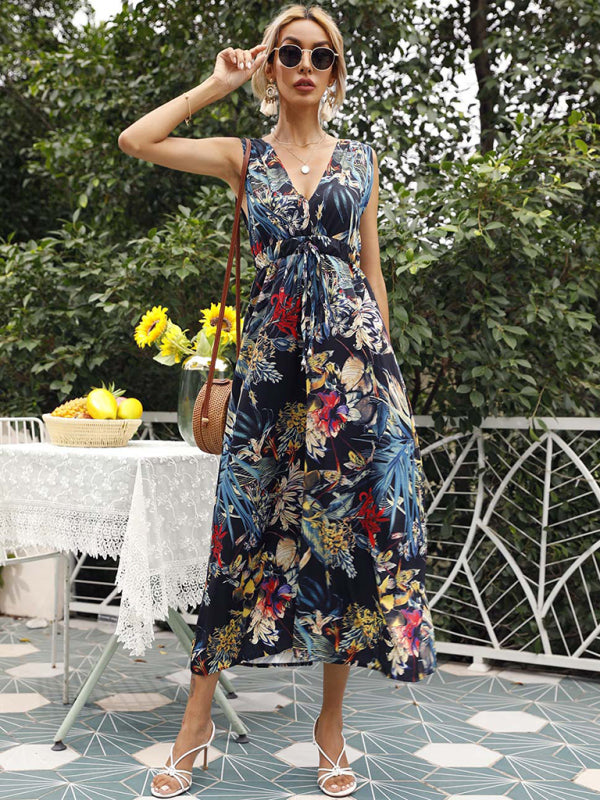 Women's Floral Print Twist Front Sleeveless Midi Dress