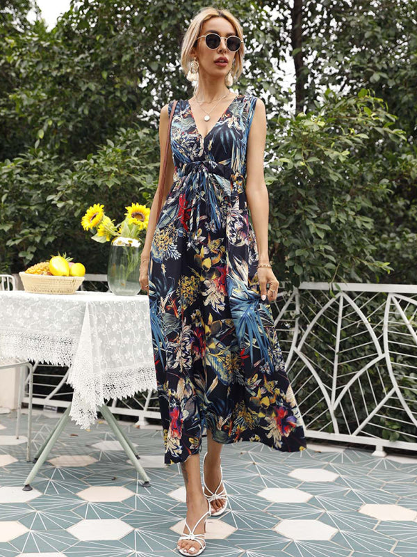 Women's Floral Print Twist Front Sleeveless Midi Dress