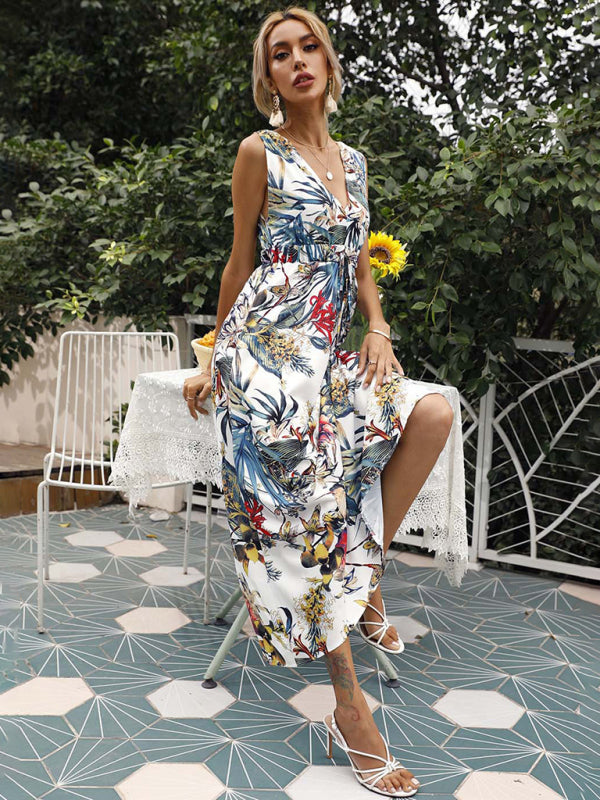 Women's Floral Print Twist Front Sleeveless Midi Dress