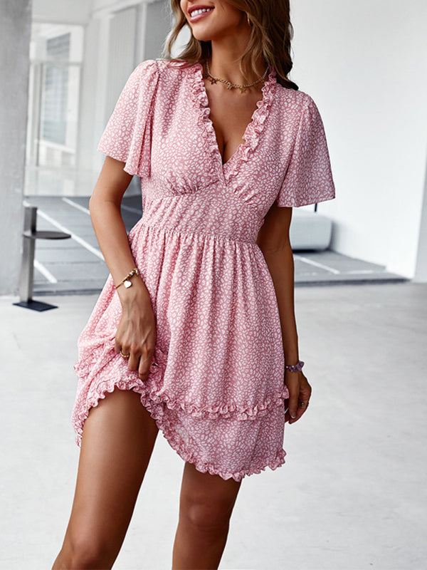 Women's Floral Print Flutter Sleeve Faux Wrap Mini Dress