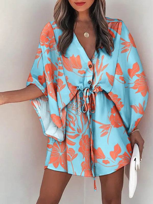 Women's Beach Dolman Half Sleeve V-neck Floral Print Adjustable Dress