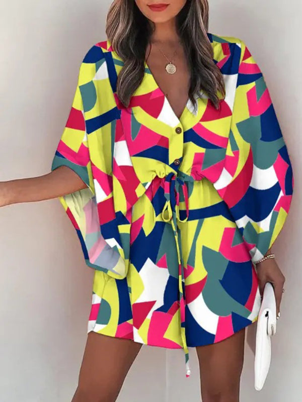 Women's Beach Dolman Half Sleeve V-neck Floral Print Adjustable Dress
