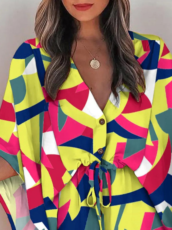 Women's Beach Dolman Half Sleeve V-neck Floral Print Adjustable Dress