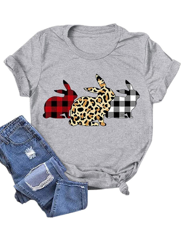 Women's Bunny With Leopard Print T-shirt Easter Short Sleeve Graphic Tees